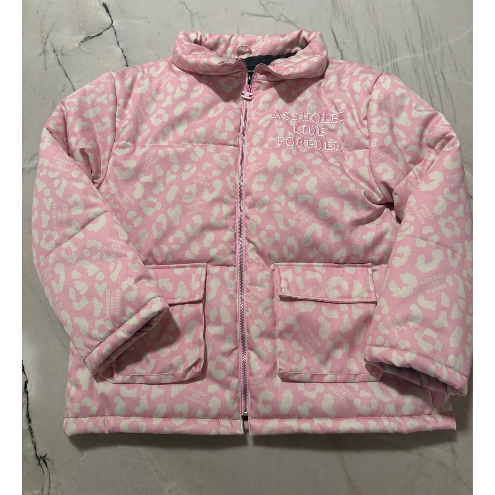 A*holes Live Forever Pink Leopard Puffer Jacket Streetwear Quilted Coat L